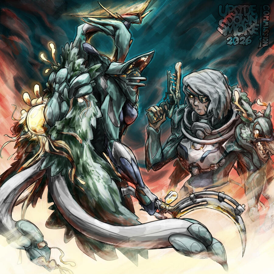 Nav and Ghastly Dagath (Warframe fashions), Colored/Rendered (+addons) sketch comm for Trashwitch, March 2026