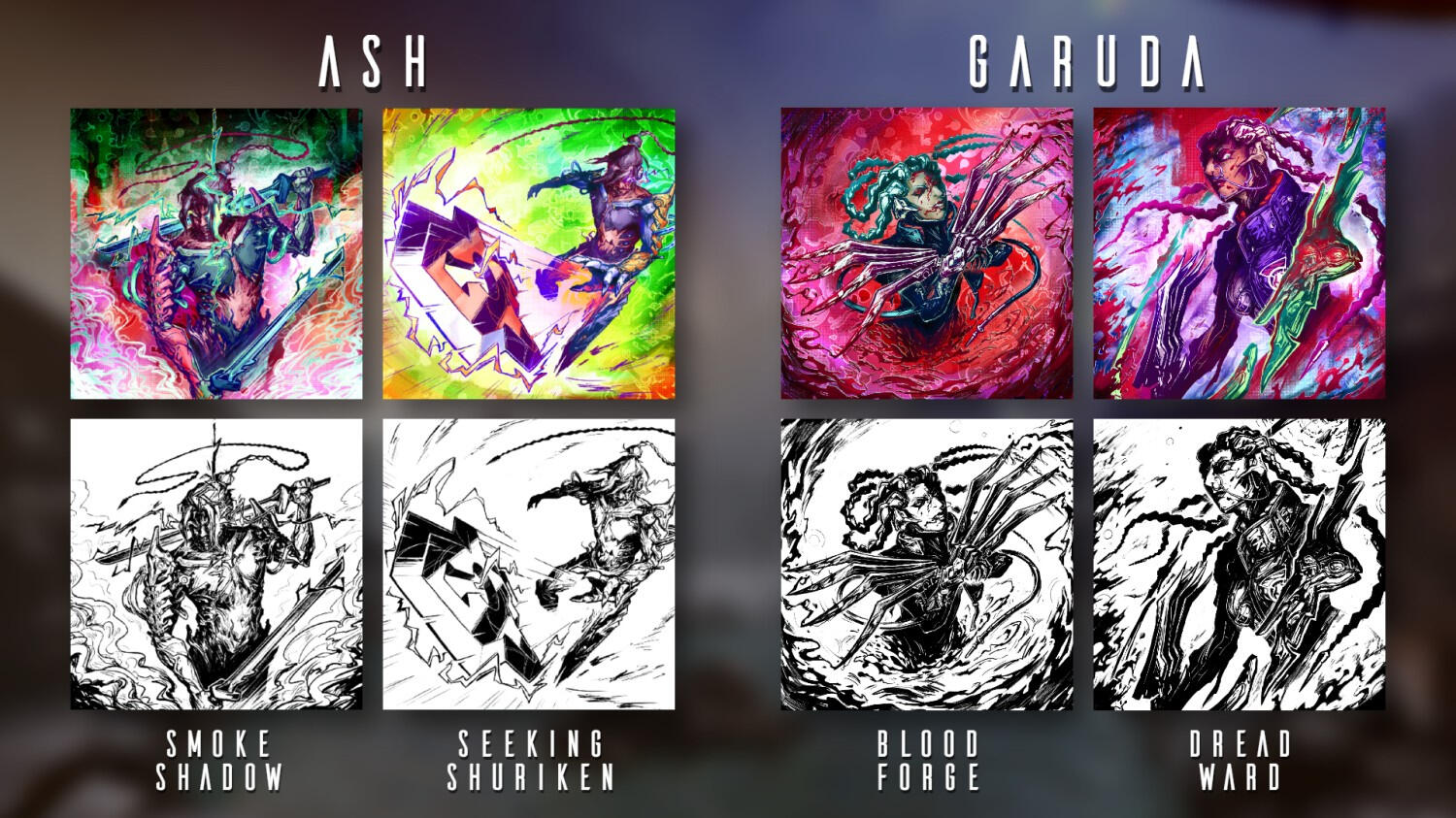 Digital Extremes-provided promotional collage asset of my commissioned four Atragraph mod illustrations for some of Garuda's and Ash's augments, featuring the protoframes Vena and Ryoku.