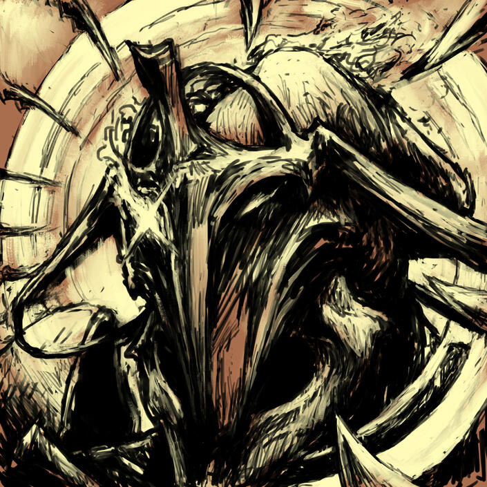 Idea sketch 4, showing a 3/4 profile shot of Kullervo with a burst of light from his eye and a halo of knives circling around his head.