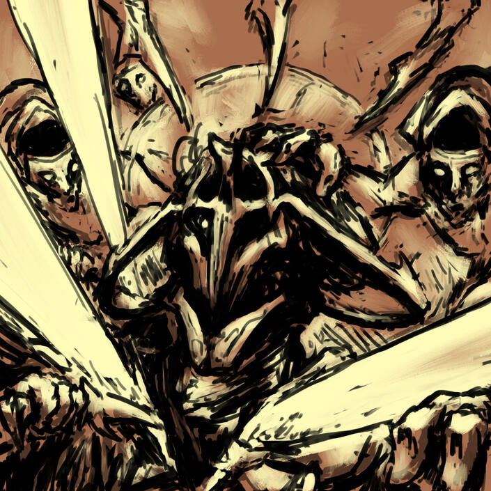 Idea sketch 1, showing bust shot of Kullervo being attacked by the Liminus as beams of light burst from his chest and a halo of knives radiates around his head.